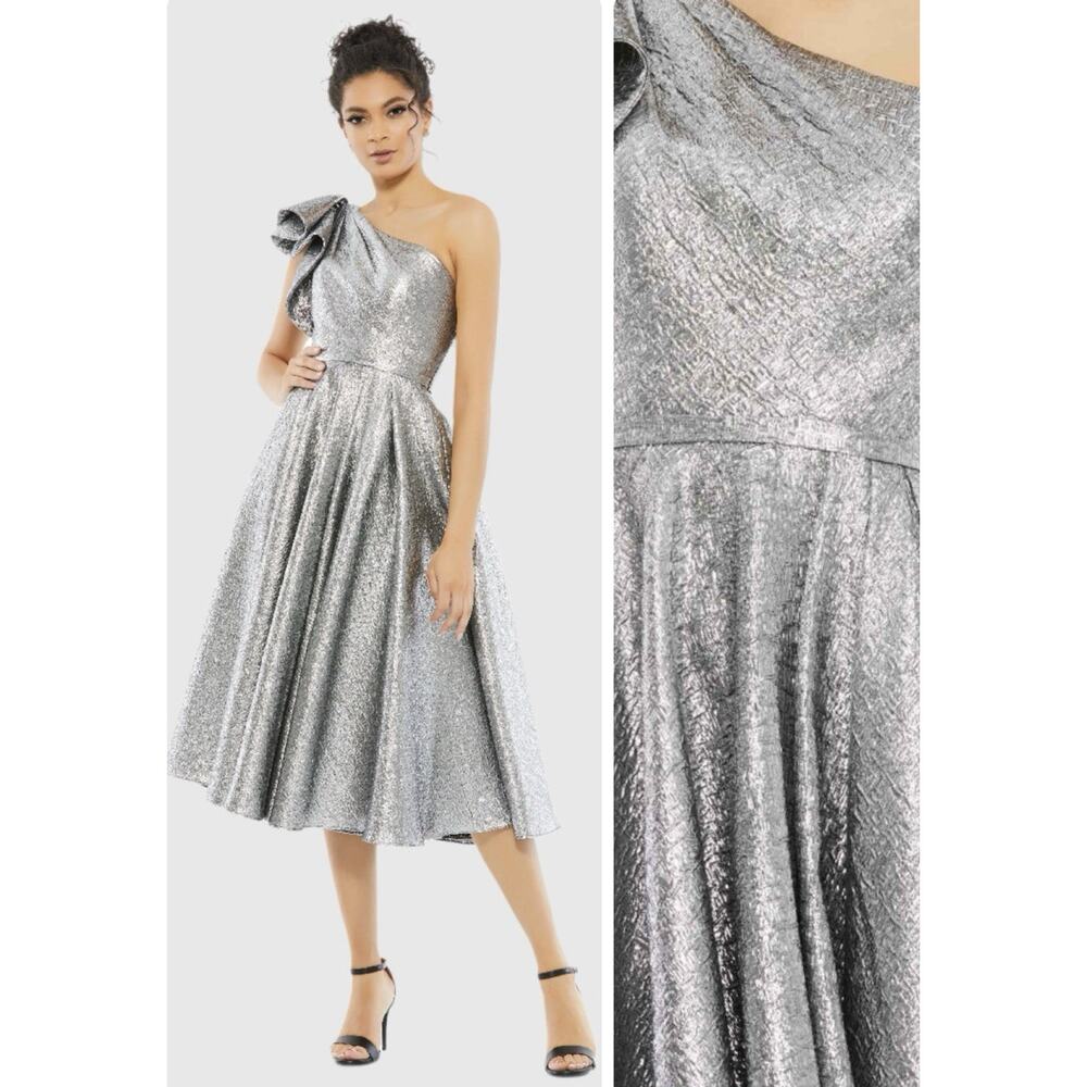 MAC DUGGAL Size 6 Brocade Dress Silver One Shoulder Bow Midi Metallic 67906 NWT